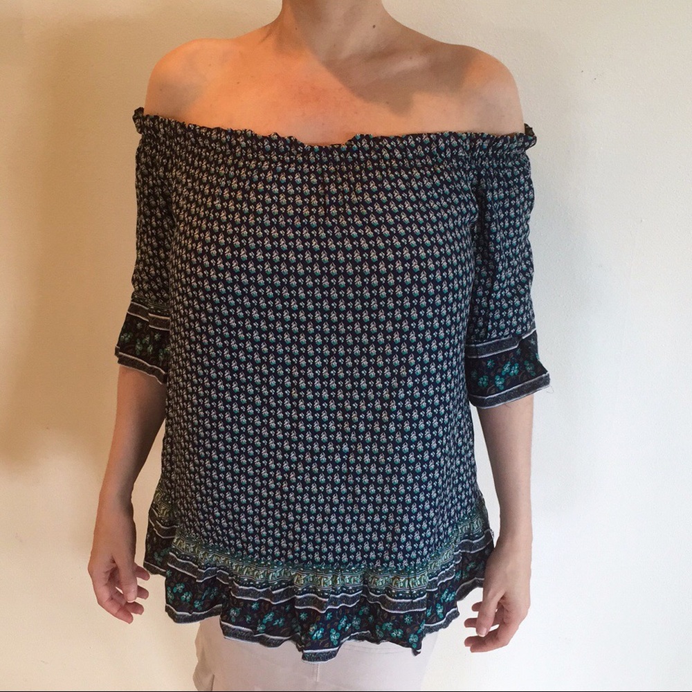 LOVE brand floral blue green off shoulder blouse plus - Picture 4 of 6